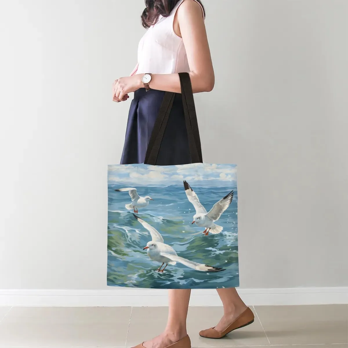 Sea Beach Trees Scenery Canvas Tote Bag for Women Men Stylish Tote Handbag Shoulder Bag Reusable Grocery Bag