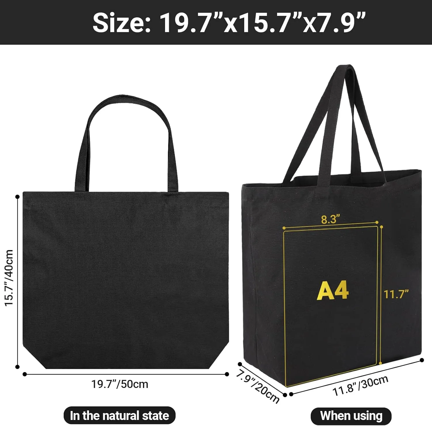 Segarty Canvas Tote Bag for Women, 6 Pack 20x15.7 Reusable Black Canvas Shopping Bag, Natural Cotton Canvas Shoulder Bag Aesthetic, Blank Canvas Tote Bulk for DIY, Gift, Grocery, Beach, Travel
