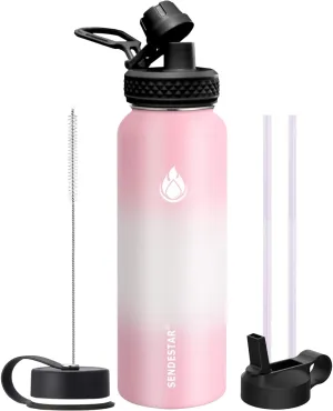 SENDESTAR Stainless Steel Water Bottle 32 oz Double Wall Vacuum Insulated Leak Proof Stainless Steel Sports Water Bottle—Wide Mouth w/Straw &Spout& Wide Mouth Flat Lids (Strawberry Cream)