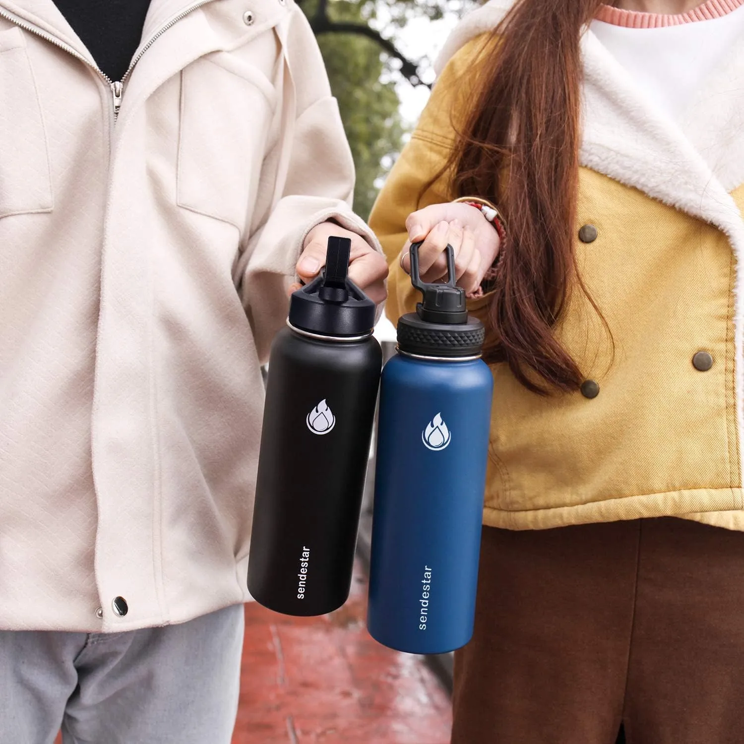 SENDESTAR Stainless Steel Water Bottle 32 oz Double Wall Vacuum Insulated Leak Proof Stainless Steel Sports Water Bottle—Wide Mouth w/Straw &Spout& Wide Mouth Flat Lids (Strawberry Cream)