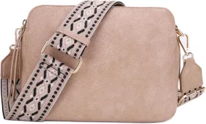 SG SUGU Triple Compartment Crossbody Bag for Women Trendy Vegan Leather Shoulder Bag with 2 inch Wide Guitar Strap
