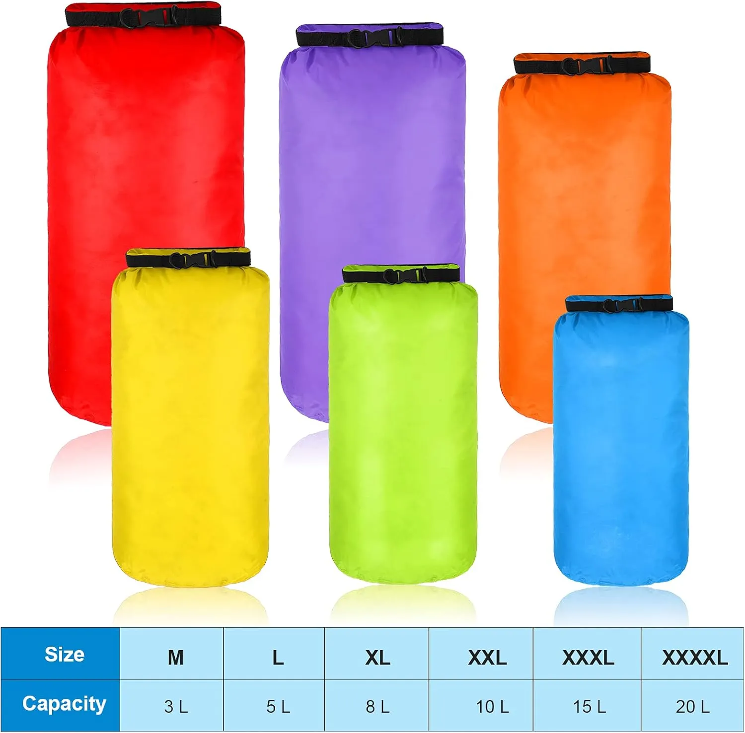 Shappy 6 Pcs Waterproof Dry Bag Set Dry Sacks Lightweight Airtight Combo Set with 20 L 15 L 10 L 8 L 5 L 3 L Sacks and Long Adjustable Shoulder Strap for Boating Hiking Camping