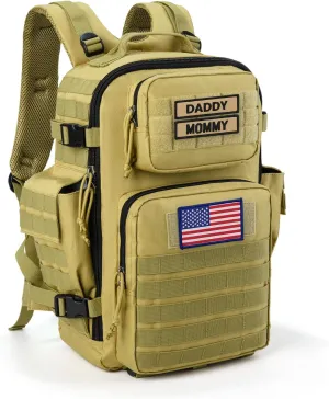 SHARKMOUTH Military Diaper Bag for Dad - Insulated Baby Diaper Backpack with Patches for Hiking Travel Camping - Baby Shower Gifts Tan