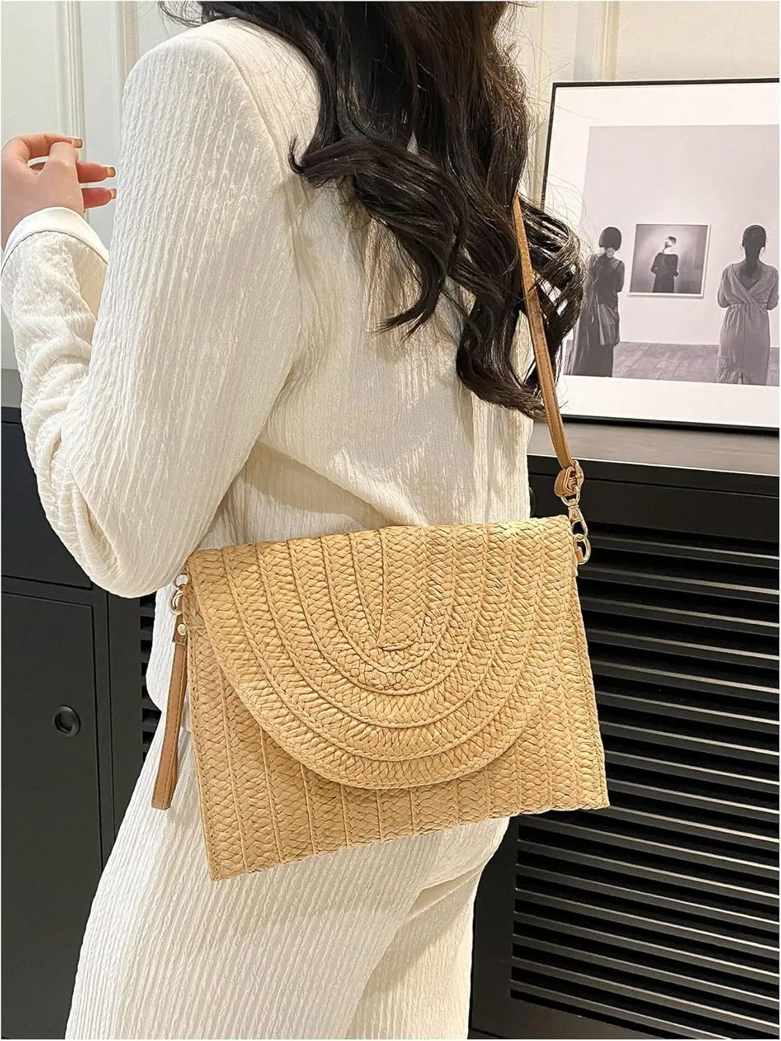 SHENHE Women's Straw Clutch Purse Crossbody Shoulder Bag Beach Handbag Woven Flap Purse