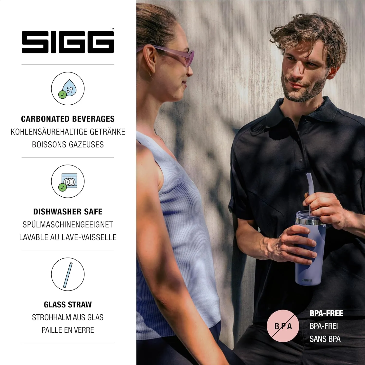SIGG - Insulated Mug - Travel Mug Helia - With Durable Glass Straw & Cleaning Brush - Leakproof - BPA Free - 18/8 Stainless Steel - 15oz/20oz