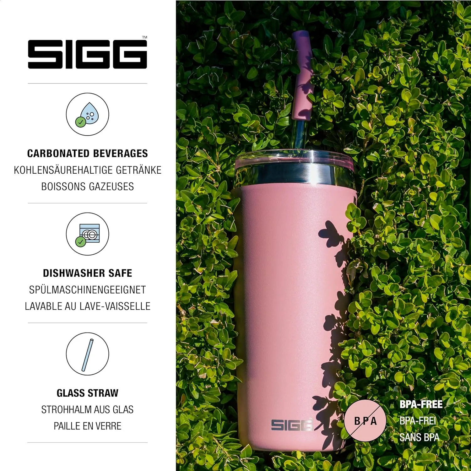 SIGG - Insulated Mug - Travel Mug Helia - With Durable Glass Straw & Cleaning Brush - Leakproof - BPA Free - 18/8 Stainless Steel - 15oz/20oz