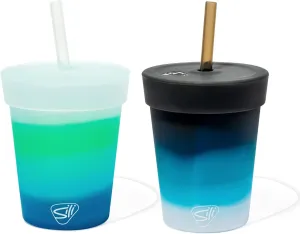 Silipint: Silicone Kids 8oz Straw Tumblers: 2 Pack - Moon Beam & Mountain Air -Unbreakable Cups, Sustainable, Airtight Lid, Flexible