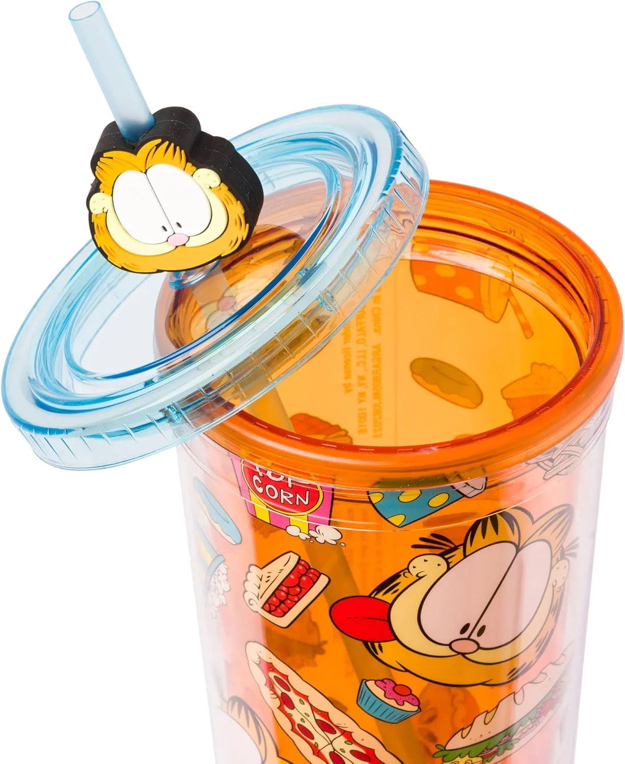 Silver Buffalo Garfield Junk Food Pattern Plastic Cold Cup with Lid and Straw Topper, 24 Ounces