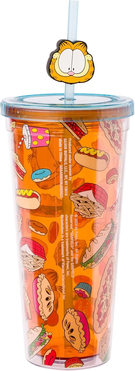 Silver Buffalo Garfield Junk Food Pattern Plastic Cold Cup with Lid and Straw Topper, 24 Ounces