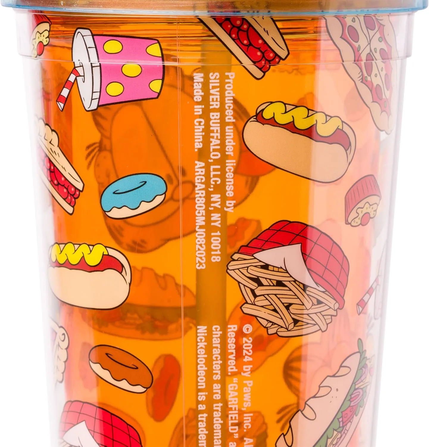 Silver Buffalo Garfield Junk Food Pattern Plastic Cold Cup with Lid and Straw Topper, 24 Ounces