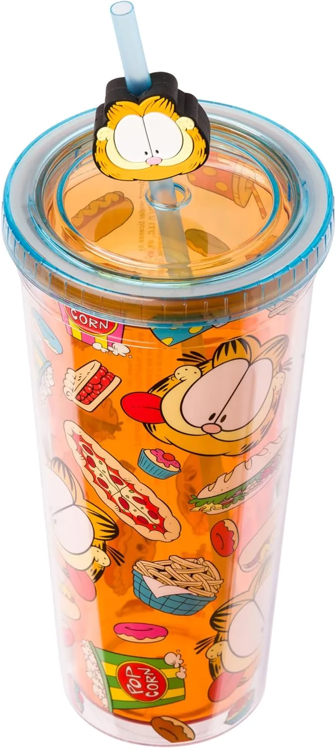 Silver Buffalo Garfield Junk Food Pattern Plastic Cold Cup with Lid and Straw Topper, 24 Ounces