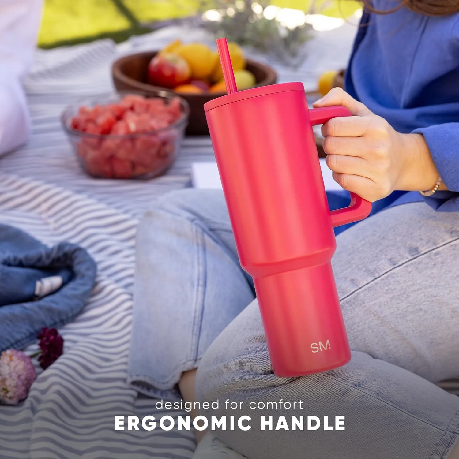 Simple Modern 40 oz Trek Tumbler with Handle and Straw Lid | Cup Holder Friendly Insulated Stainless Steel Travel Mug | Buttercup