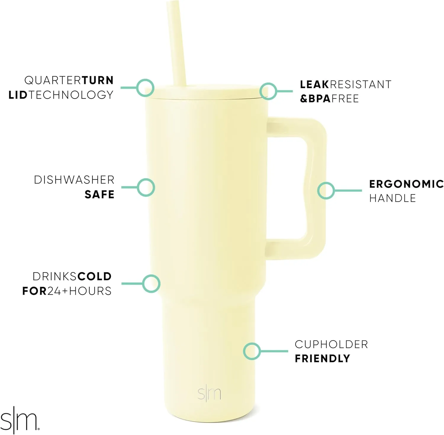 Simple Modern 40 oz Trek Tumbler with Handle and Straw Lid | Cup Holder Friendly Insulated Stainless Steel Travel Mug | Buttercup
