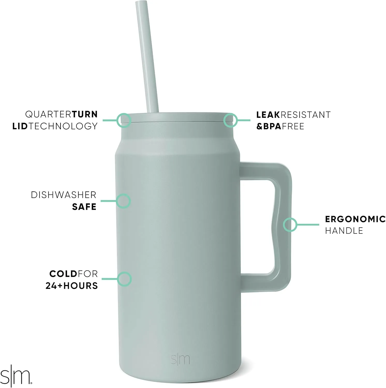 Simple Modern 50 oz Mug Tumbler with Handle and Straw Lid, Reusable Insulated Stainless Steel Large Travel Jug Water Bottle Gifts for Women Men Him Her Trek Collection, 50oz, Sea Glass Sage