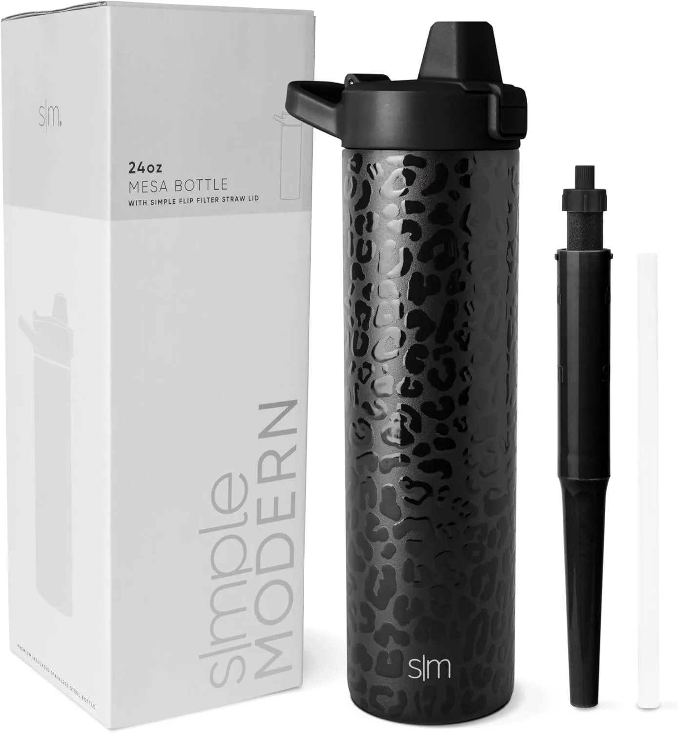 Simple Modern Filtered Water Bottle | Insulated Stainless-Steel Carbon Filter Travel Water Bottles | Reusable for Clean Drinking Water On The Go | 24oz, Black Leopard