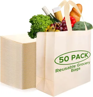 Simply Cool Reusable Grocery Bags Eco-Friendly - Large Reusable Shopping Bags, Heavy Duty Grocery Bags, 14.5"x14"x6.6" Foldable, Tote Bags Bulk (50 Pack, Cream)