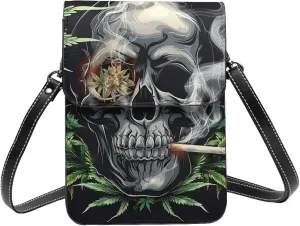 Skull Cannabis Leaf Psychedelic Hippie Marijuana Weed Crossbody Cell Phone Purse For Women Teen Girls Leather Small Crossbody Bag Mini Phone Pouch Purse, 7.5x5.3 Inches
