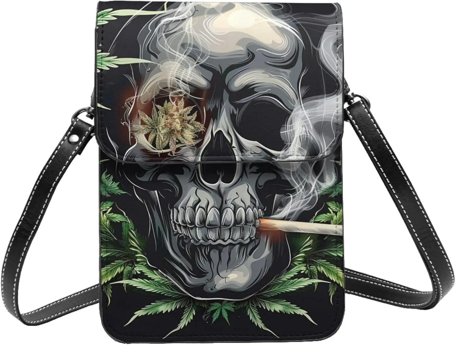 Skull Cannabis Leaf Psychedelic Hippie Marijuana Weed Crossbody Cell Phone Purse For Women Teen Girls Leather Small Crossbody Bag Mini Phone Pouch Purse, 7.5x5.3 Inches