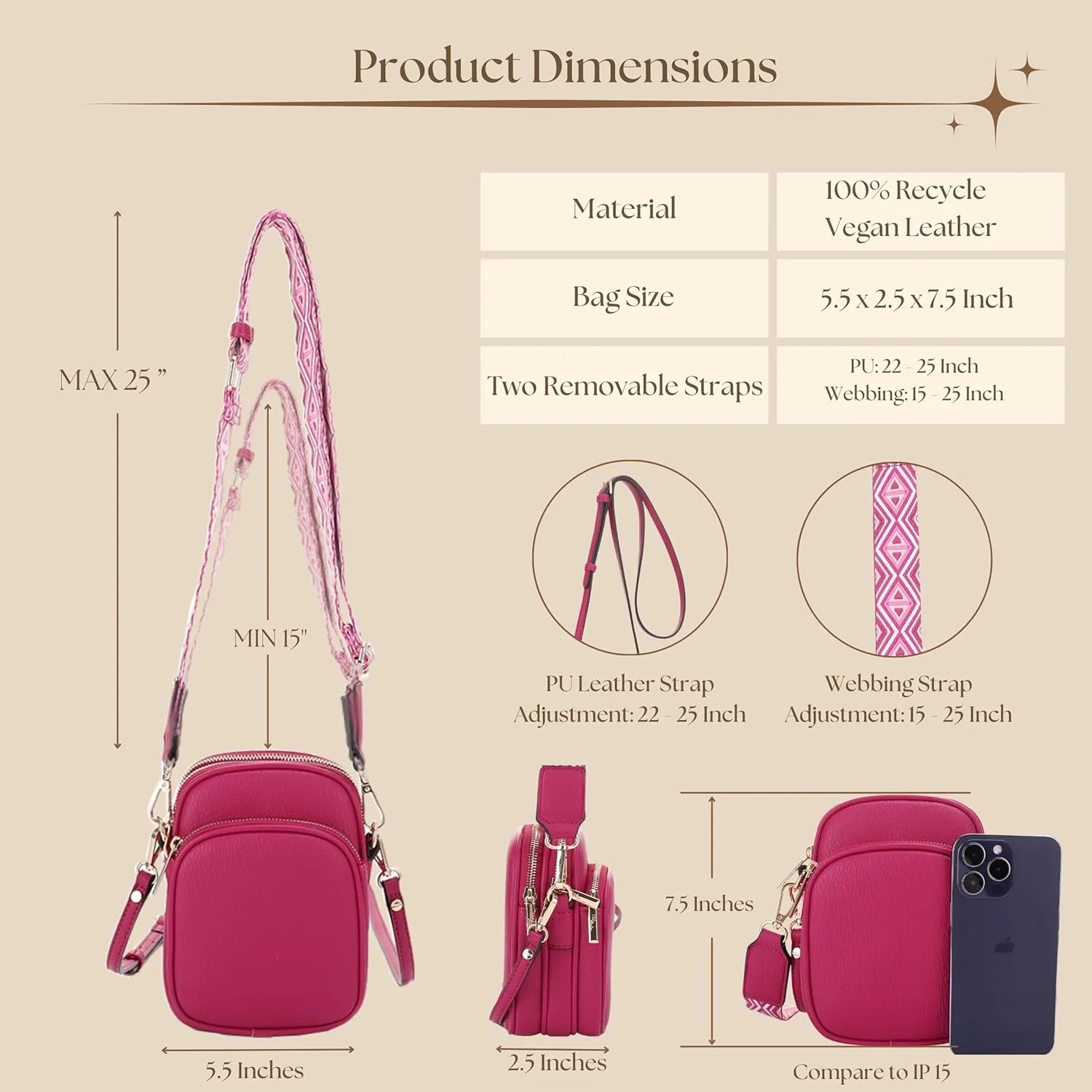 Small Crossbody Bag for Women, Triple Compartment Shoulder Bag with Double Strap