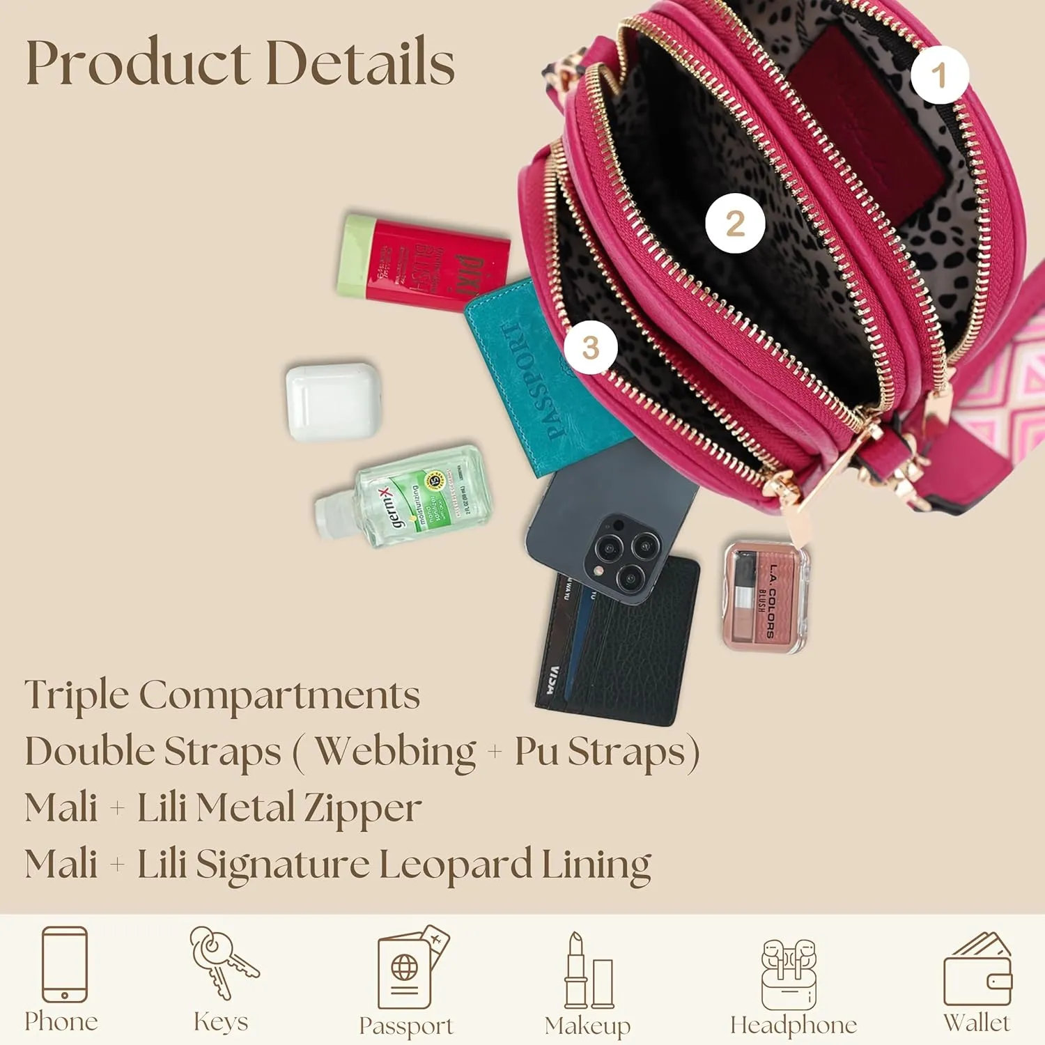 Small Crossbody Bag for Women, Triple Compartment Shoulder Bag with Double Strap