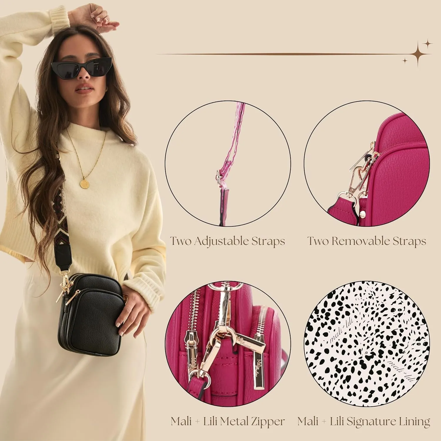Small Crossbody Bag for Women, Triple Compartment Shoulder Bag with Double Strap