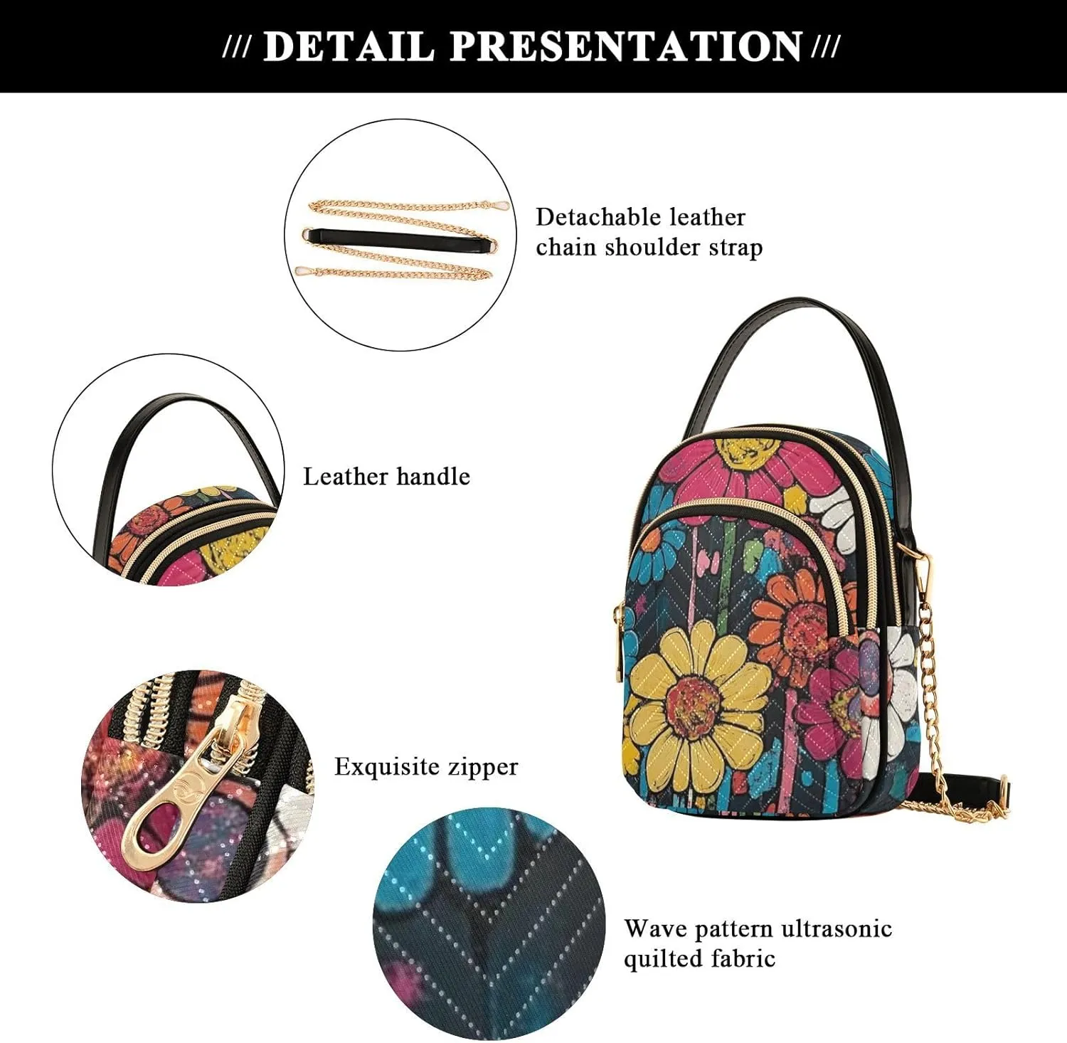 Small Crossbody Bags for Women Cell Phone Bag Cross Body Purses 3 Pockets Zipper Daisy Print Pattern 1