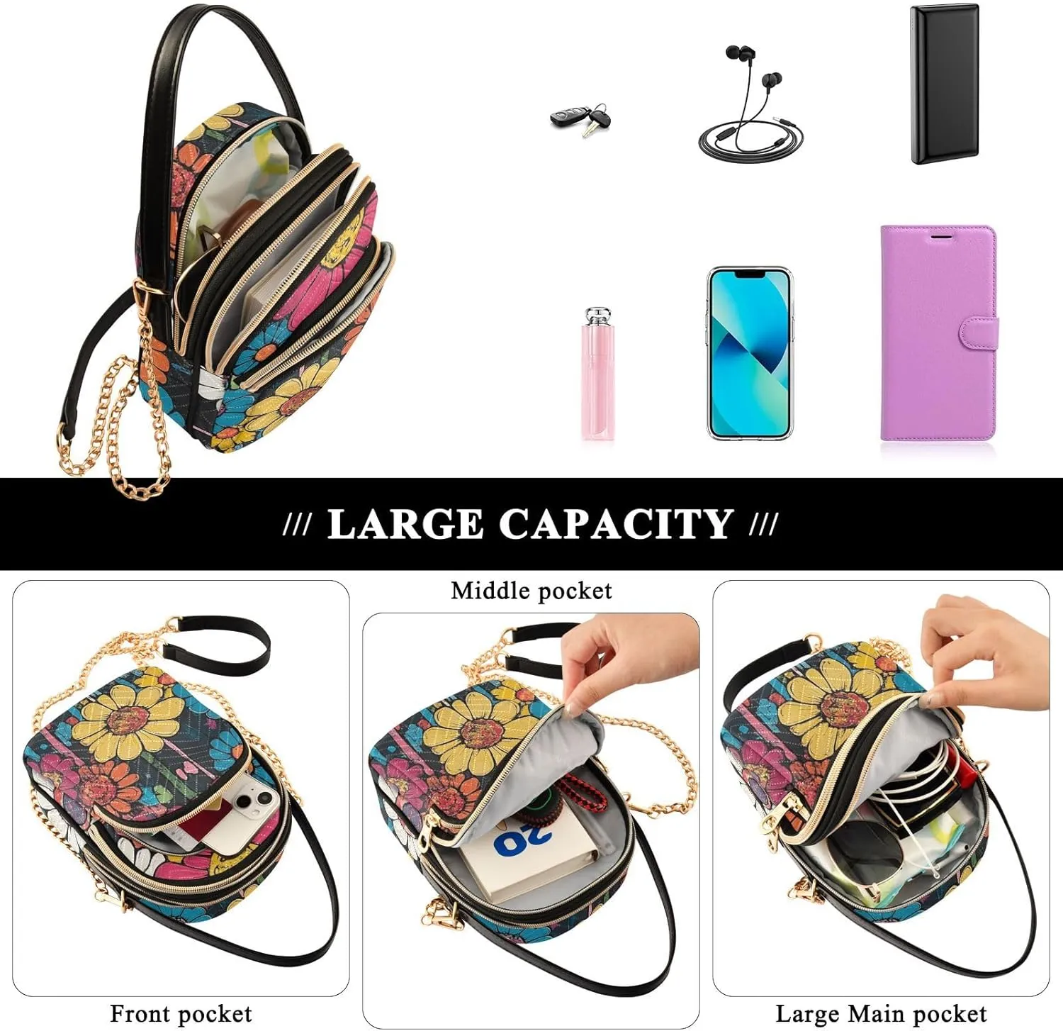 Small Crossbody Bags for Women Cell Phone Bag Cross Body Purses 3 Pockets Zipper Daisy Print Pattern 1