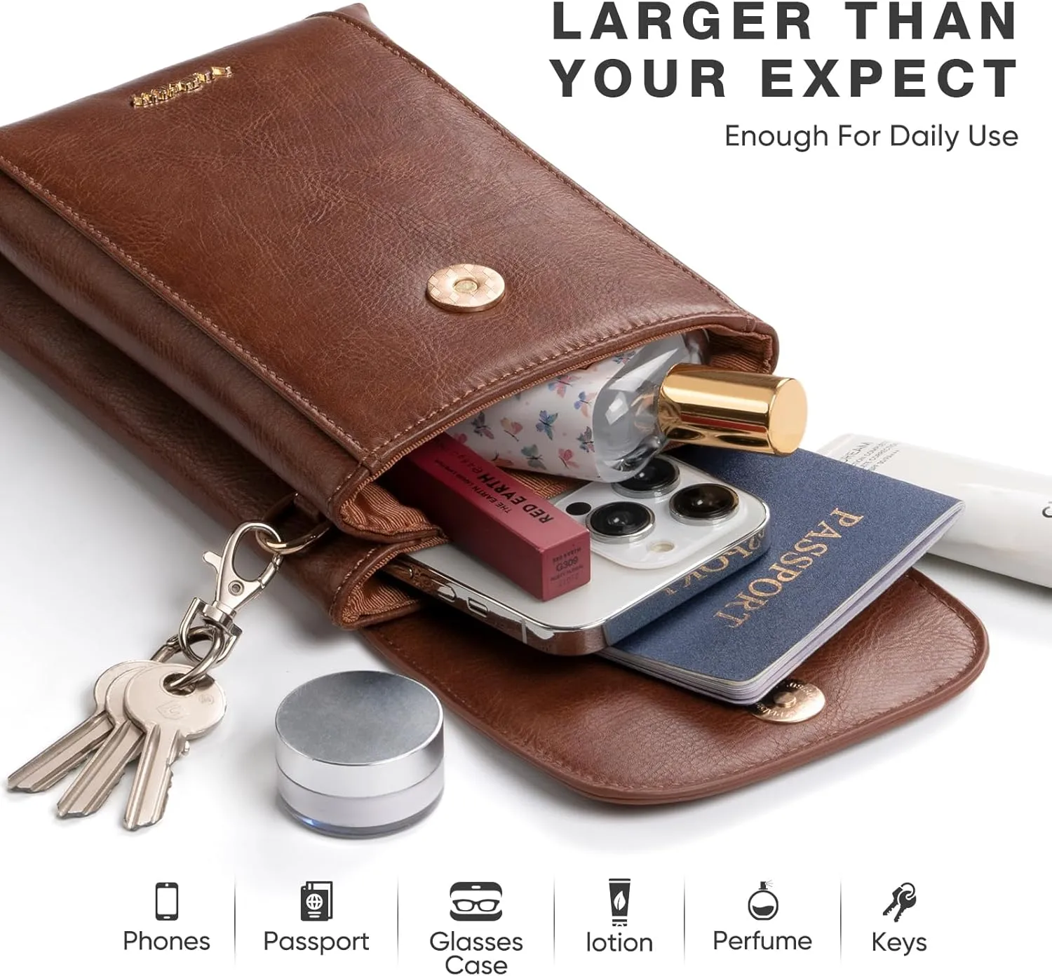 Small Crossbody Phone Bag Vegan Leather for Women with Wide Strap and Double Pockets for Travel and Daily Use