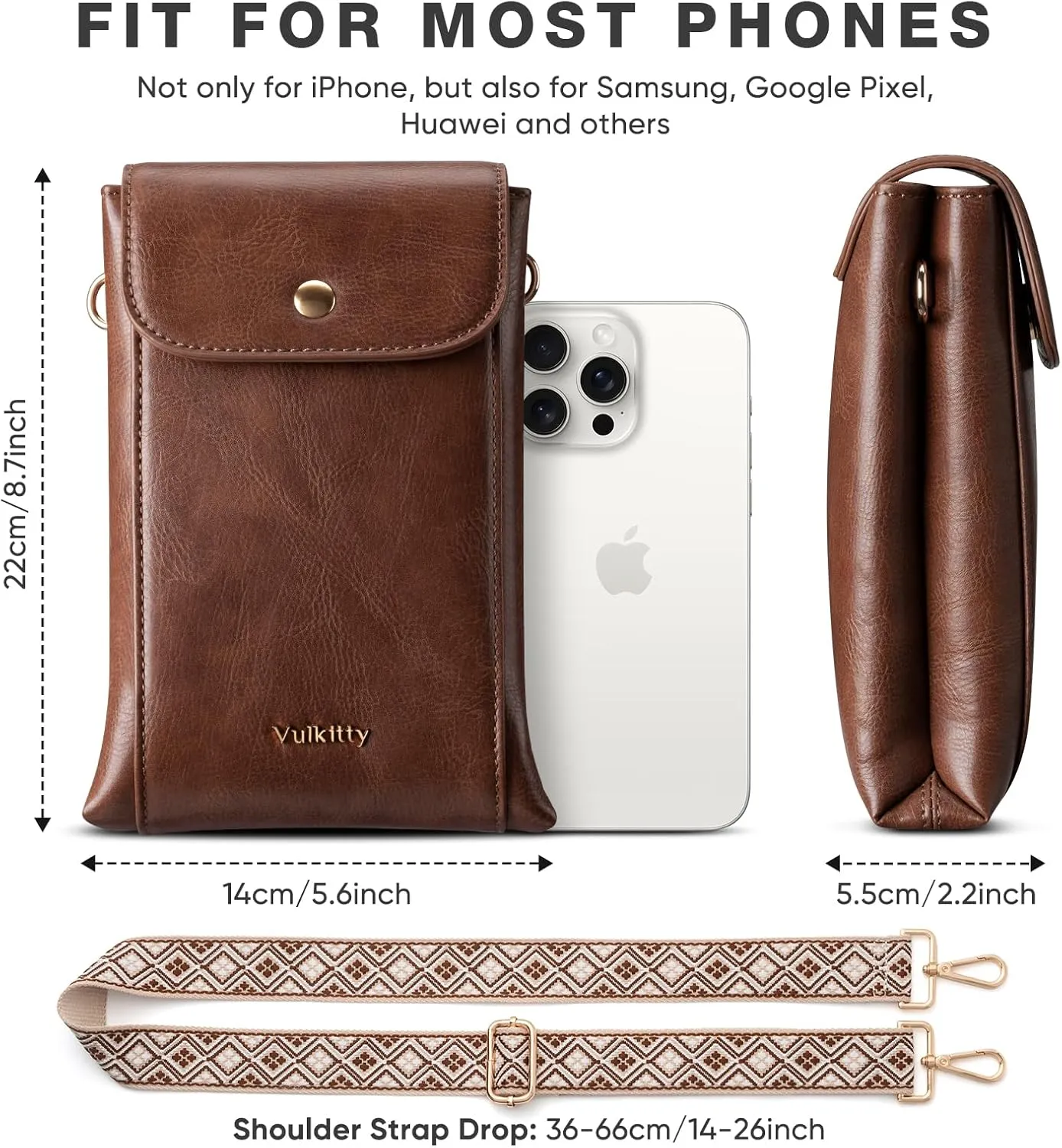 Small Crossbody Phone Bag Vegan Leather for Women with Wide Strap and Double Pockets for Travel and Daily Use