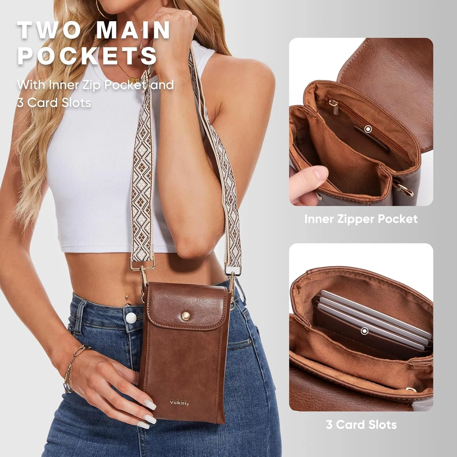 Small Crossbody Phone Bag Vegan Leather for Women with Wide Strap and Double Pockets for Travel and Daily Use