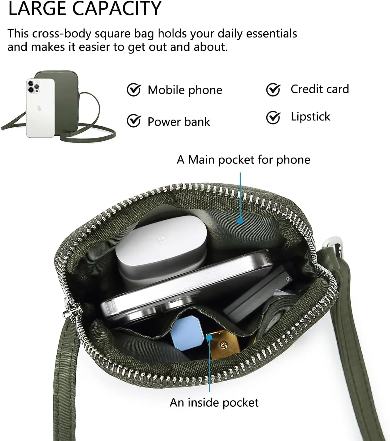Small Crossbody Purse Zipper Cell Phone Bag Mini Shoulder Purse Wallet Smart Phone Wallet with Credit Card Solts
