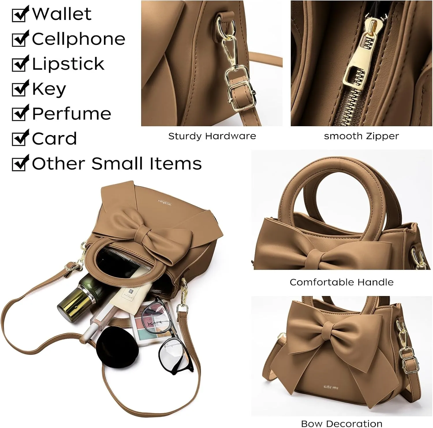 Small Purses for Women Crossbody Bag, Vegan Leather Crossbody Purses and Handbags with Top Carry Handle and Cute Bow Knot