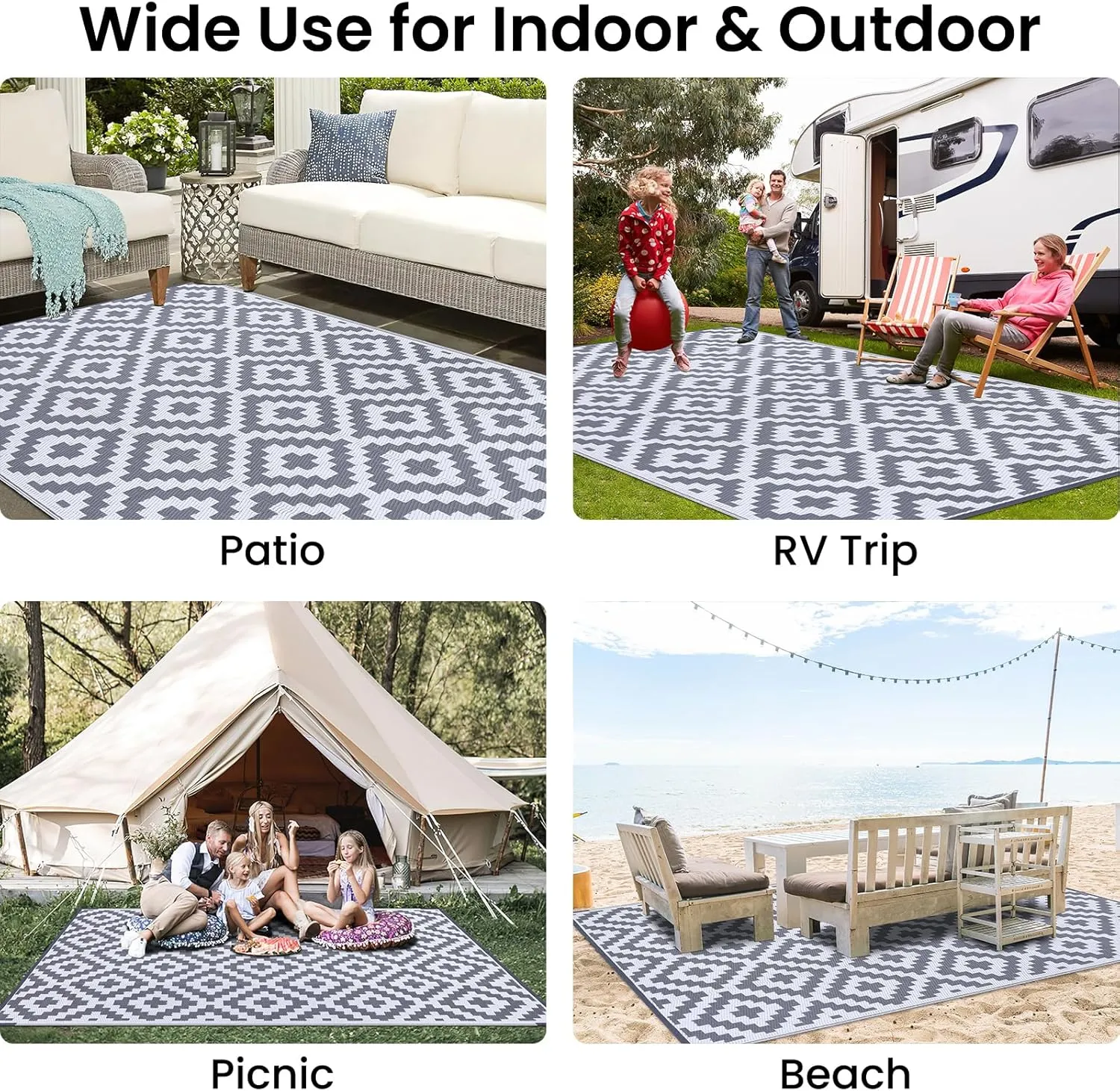 Smiry Waterproof Outdoor Rug 6x9 ft, Reversible Plastic Straw Patio Camping Rugs, Outdoor Indoor RV Mat Carpet for Patio, Outside Entry, Backyard, Deck, Bench, Picnic, Camper, White & Grey