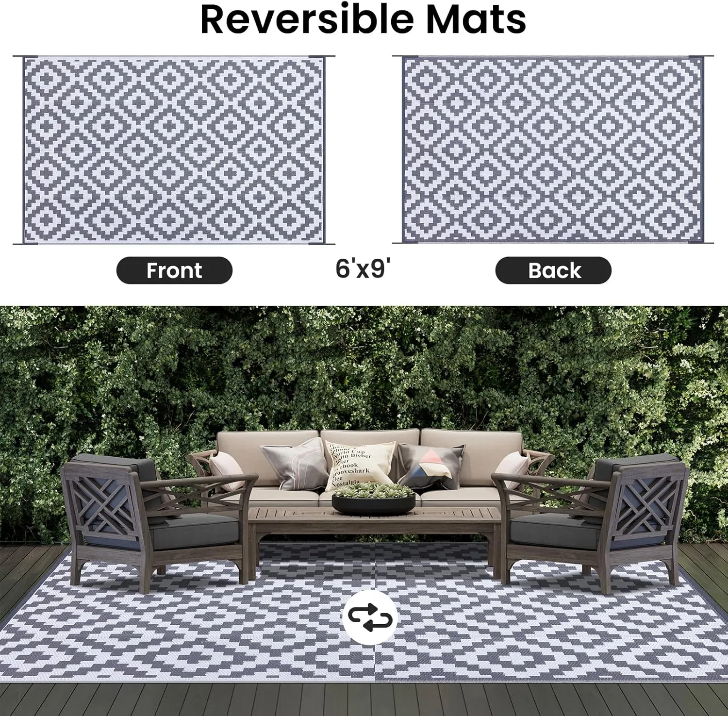 Smiry Waterproof Outdoor Rug 6x9 ft, Reversible Plastic Straw Patio Camping Rugs, Outdoor Indoor RV Mat Carpet for Patio, Outside Entry, Backyard, Deck, Bench, Picnic, Camper, White & Grey
