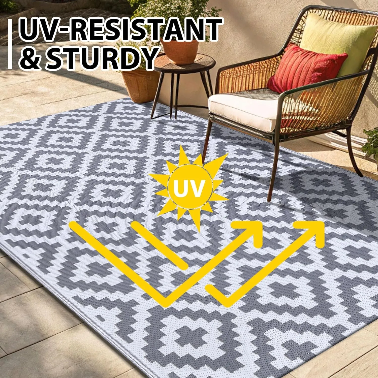Smiry Waterproof Outdoor Rug 6x9 ft, Reversible Plastic Straw Patio Camping Rugs, Outdoor Indoor RV Mat Carpet for Patio, Outside Entry, Backyard, Deck, Bench, Picnic, Camper, White & Grey
