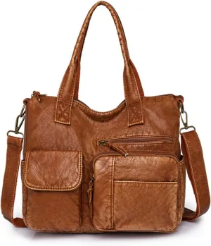Soft PU Leather Multi Pocket Handbags for Women Retro Leisure Cross Body Tote Bags Shoulder Bag for Travel Work