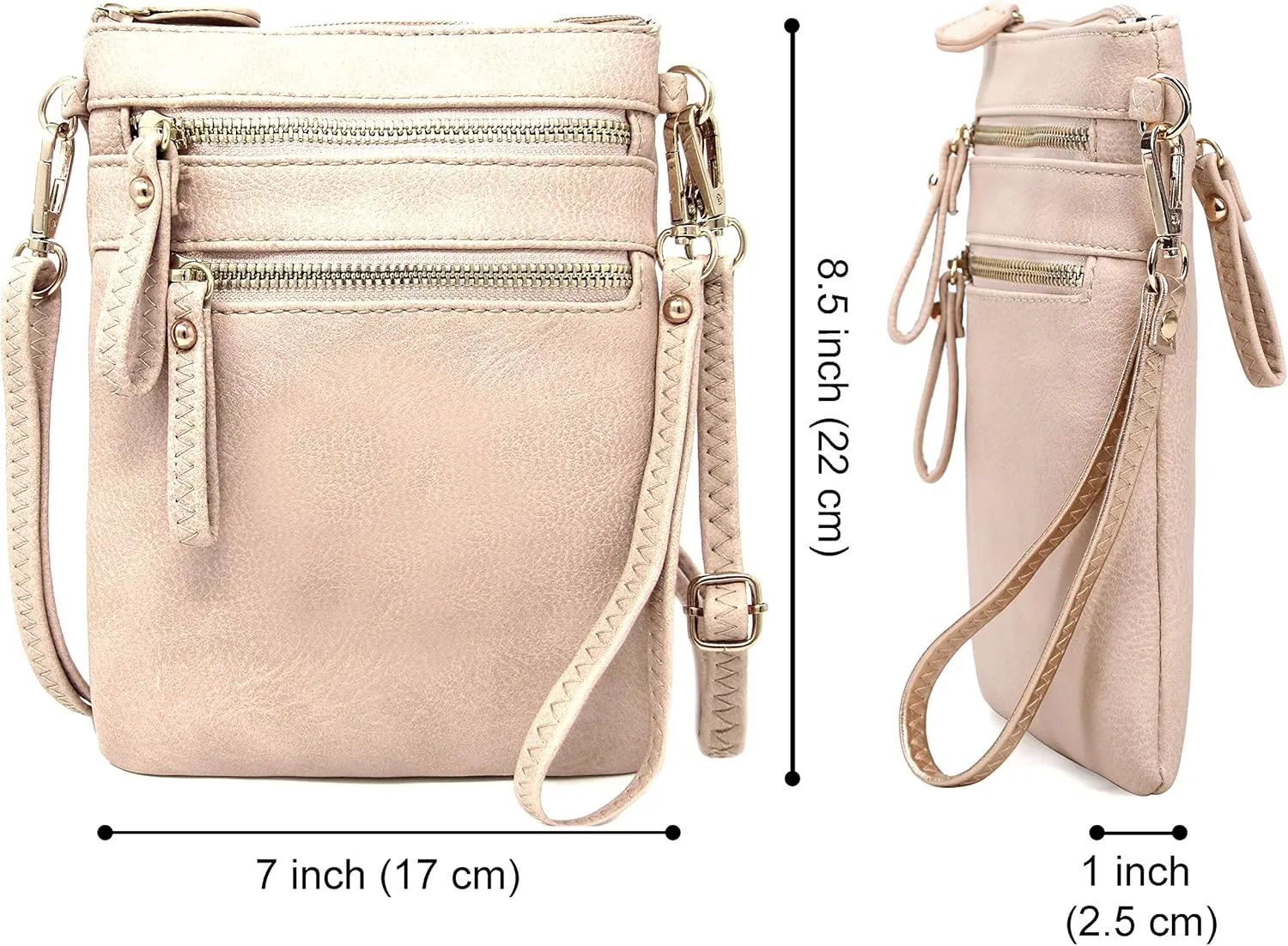 Solene Small Crossbody Bag for Women, Multi Zip Pockets with Detachable Wristlet, Lightweight Travel Purse, Cell Phone Pouch