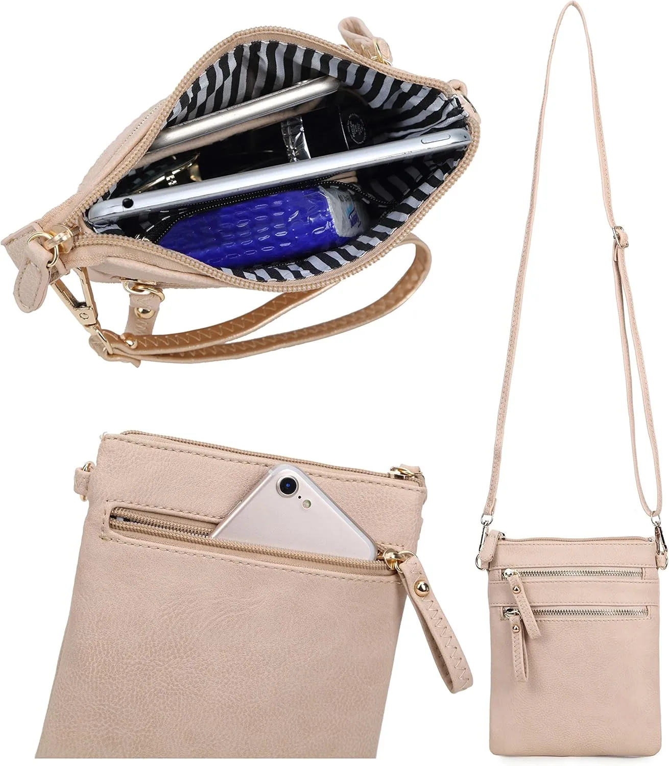 Solene Small Crossbody Bag for Women, Multi Zip Pockets with Detachable Wristlet, Lightweight Travel Purse, Cell Phone Pouch