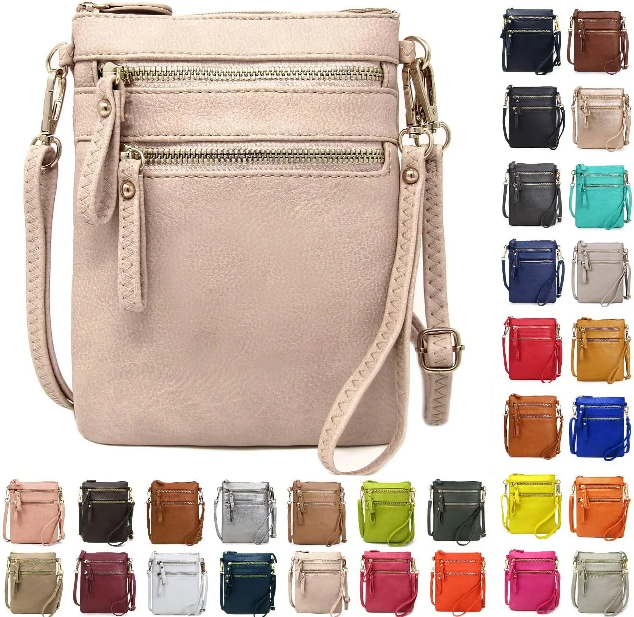 Solene Small Crossbody Bag for Women, Multi Zip Pockets with Detachable Wristlet, Lightweight Travel Purse, Cell Phone Pouch