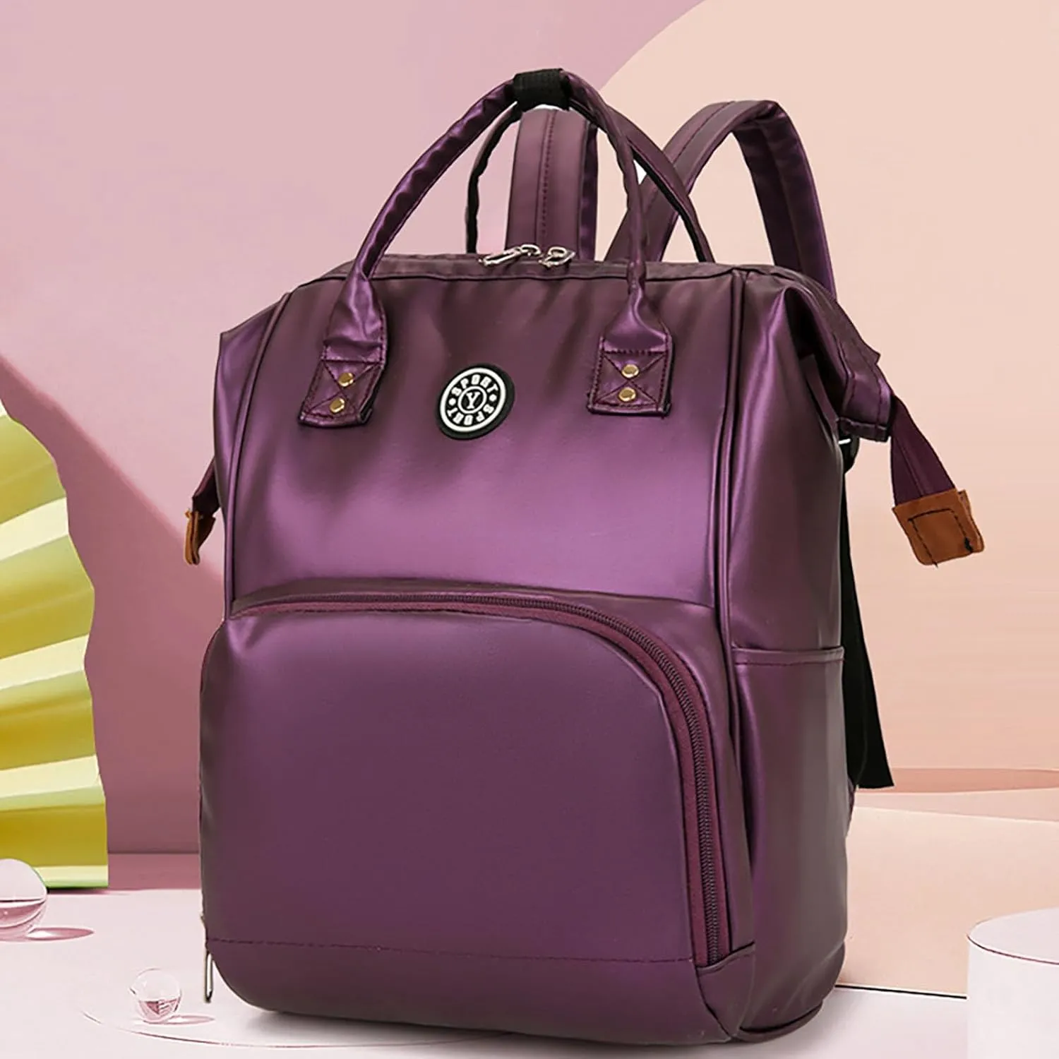 Solid Color Artificial Leather Diaper Bag Backpack with Insulated Pockets Mama Baby Anti-theft Travel Bag (Purple)