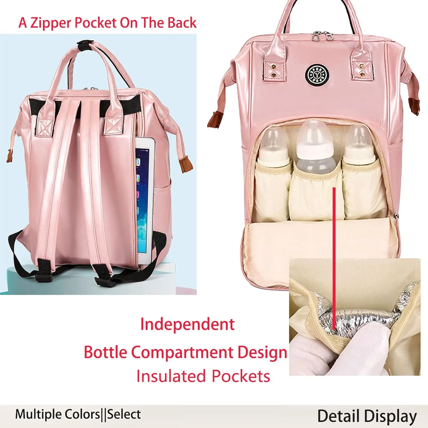 Solid Color Artificial Leather Diaper Bag Backpack with Insulated Pockets Mama Baby Anti-theft Travel Bag (Purple)