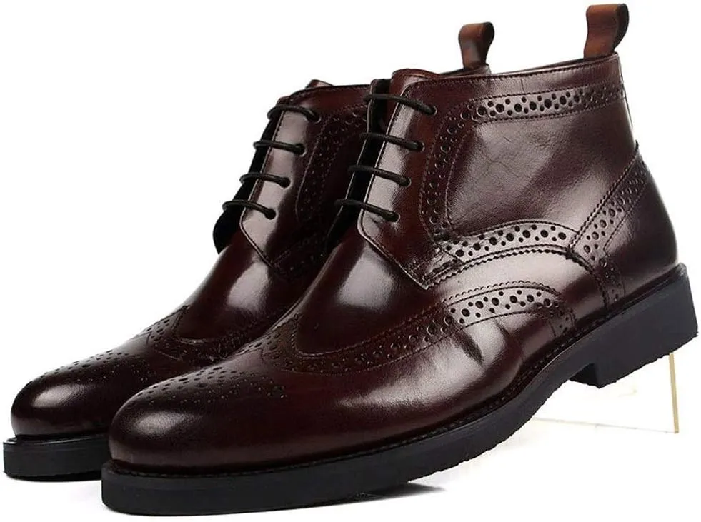 Solid Color Casual Ankle Boot for MenGenuine Leather Work Boot Lace Up Brogue Carving Block Heel