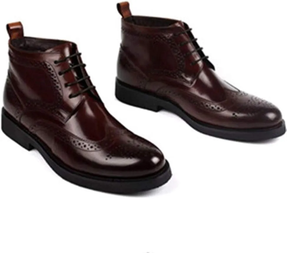 Solid Color Casual Ankle Boot for MenGenuine Leather Work Boot Lace Up Brogue Carving Block Heel
