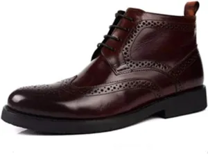 Solid Color Casual Ankle Boot for MenGenuine Leather Work Boot Lace Up Brogue Carving Block Heel