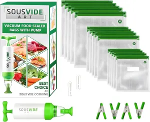 SOUSVIDE ART Reusable Vacuum Seal Bags with Vacuum Sealer, 37pcs - 30 Cooking and Storage Bags of 3 Sizes with Pump and Sous Vide Cooker Accessories - Food Safe Kit, Keeps Food Fresh