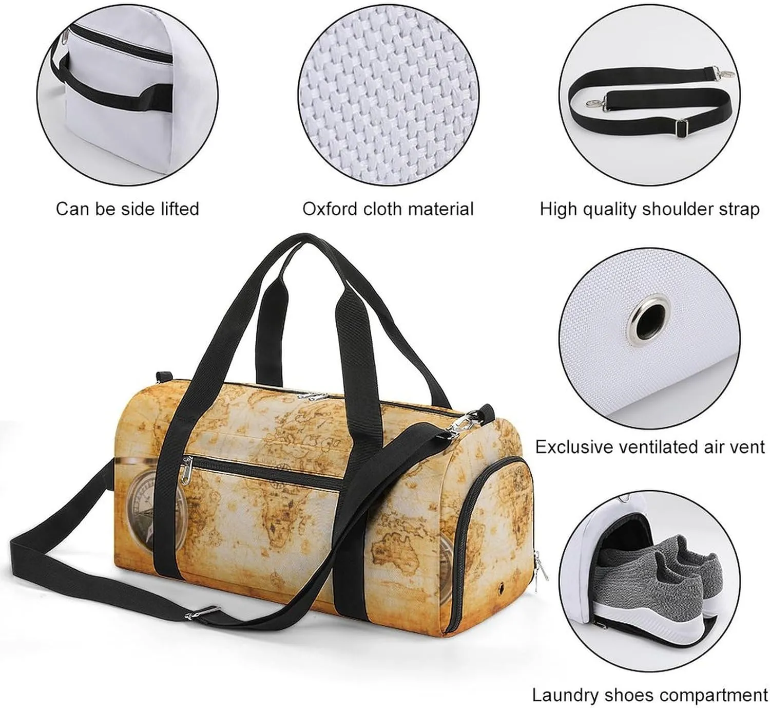 Sport Gym Duffel with Shoe Compartment Wet Pocket, Old-paper-map-with-ancient Shoulder Travel Bag for Women Men