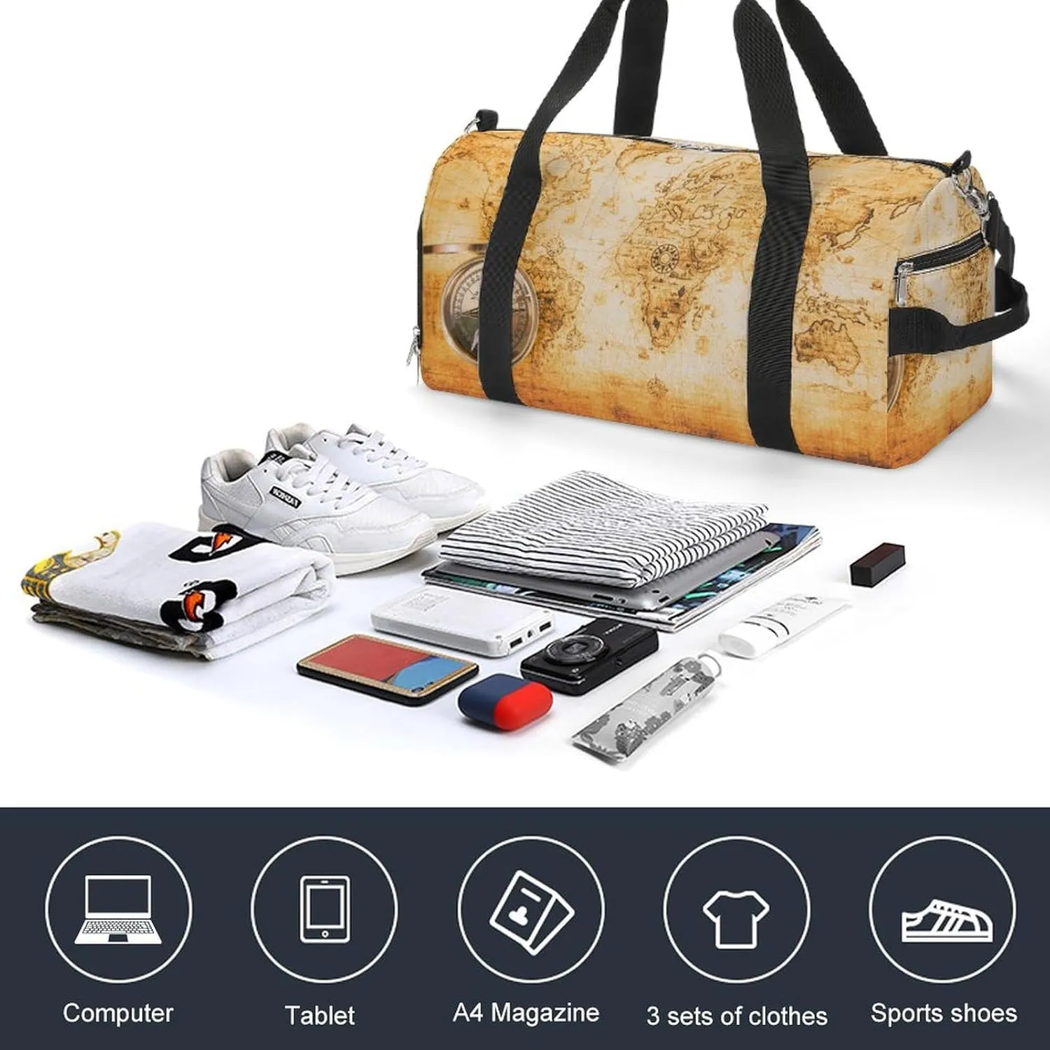 Sport Gym Duffel with Shoe Compartment Wet Pocket, Old-paper-map-with-ancient Shoulder Travel Bag for Women Men