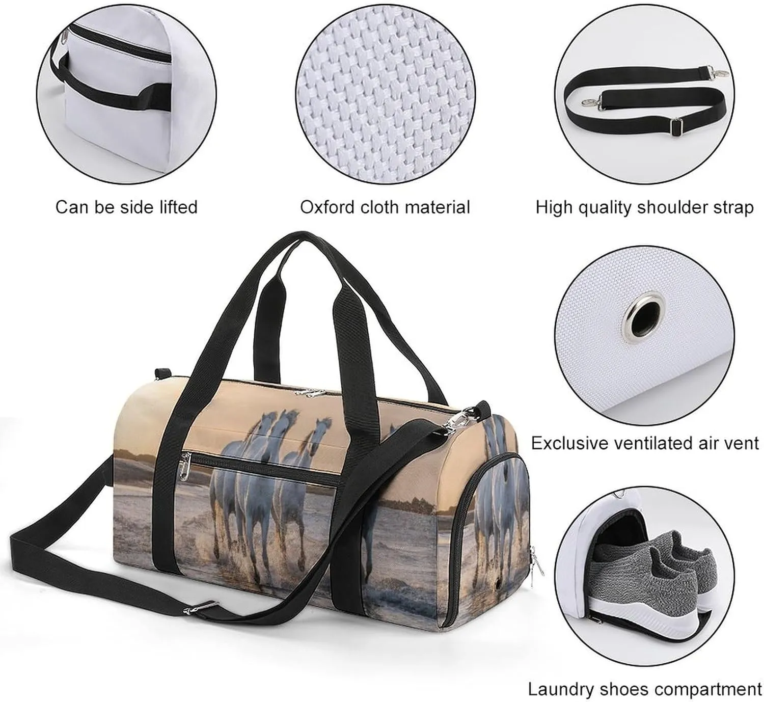 Sport Gym Duffel with Shoe Compartment Wet Pocket, White-horses-camargue-france Shoulder Travel Bag for Women Men, style-1