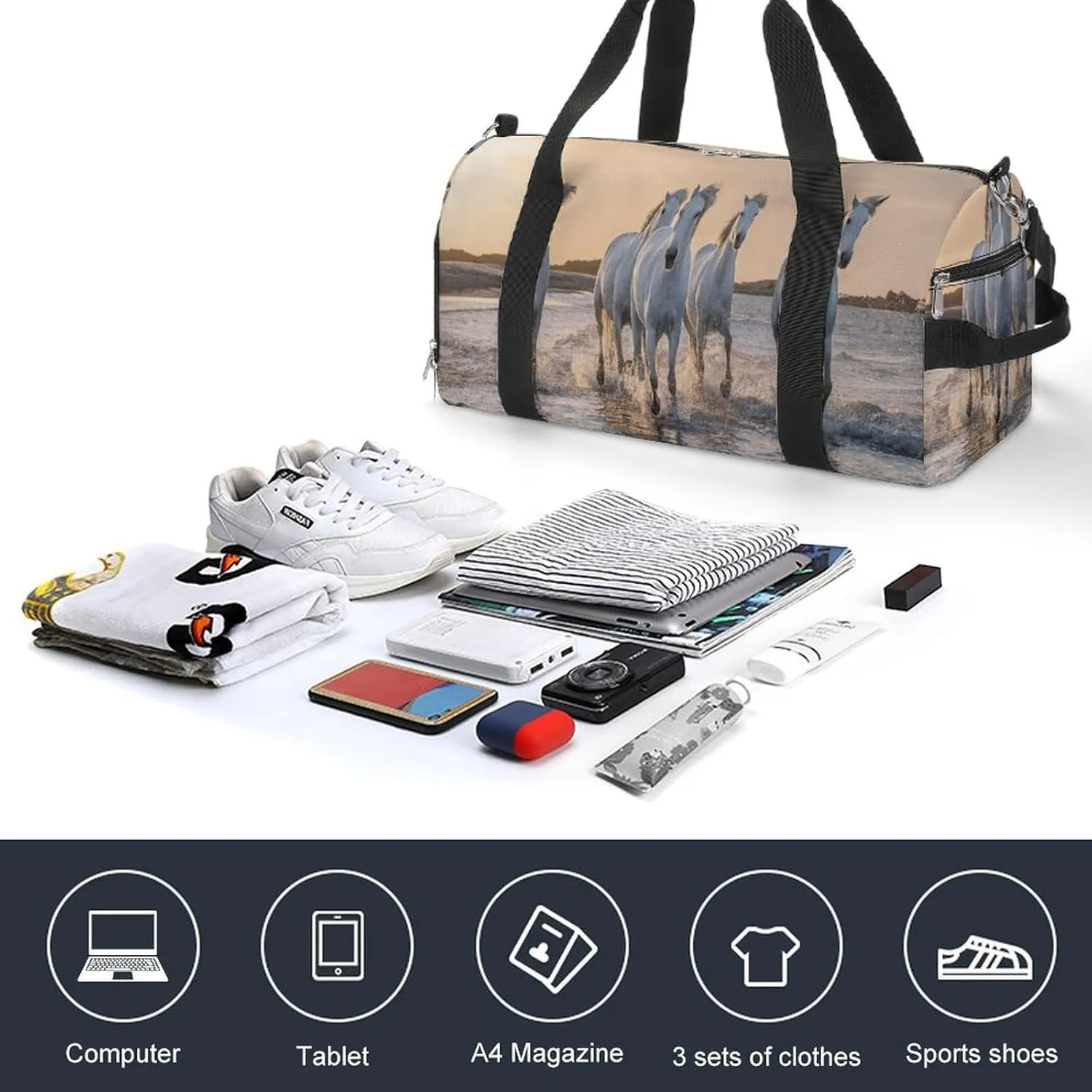 Sport Gym Duffel with Shoe Compartment Wet Pocket, White-horses-camargue-france Shoulder Travel Bag for Women Men, style-1