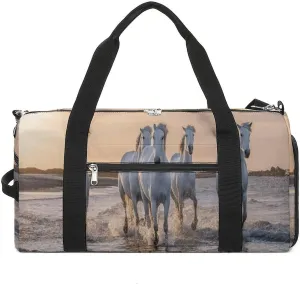 Sport Gym Duffel with Shoe Compartment Wet Pocket, White-horses-camargue-france Shoulder Travel Bag for Women Men, style-1